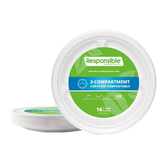 Compostable 10 Inch Round 3-Compartment Plates Value Pack