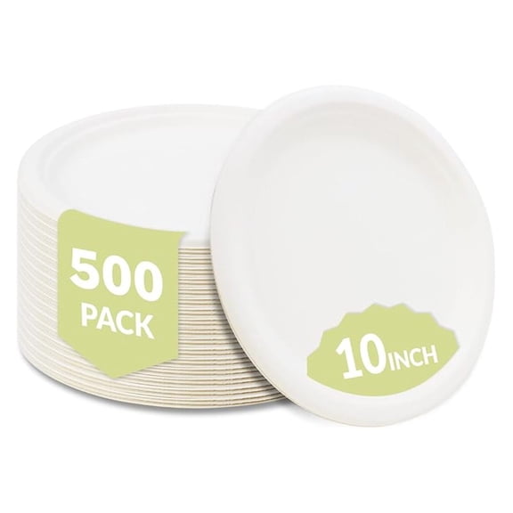 Compostable 10" Sugarcane Plates (500-Pack) Disposable Eco-Friendly Biodegradable Sugarcane Bagasse Plate, Round, 10 Inch, 500 Count