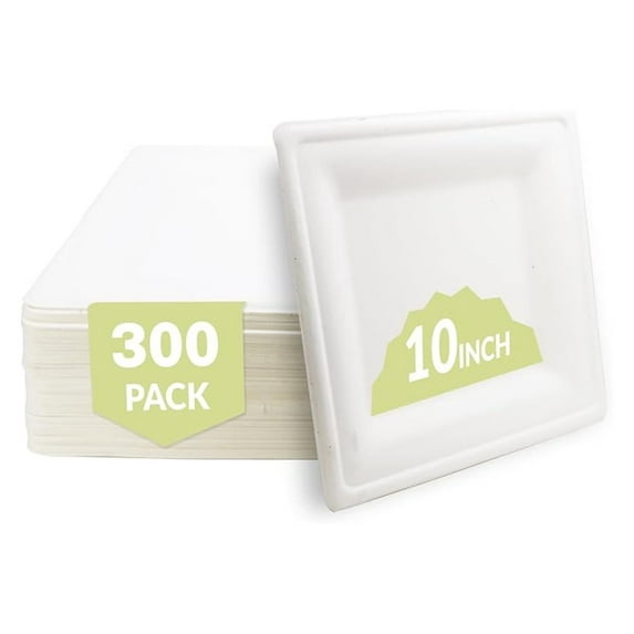 Compostable 10"x10" Sugarcane Plates (300-Pack) Disposable Eco-Friendly Biodegradable Sugarcane Bagasse Plate, Square, 10 Inch, 300 Count