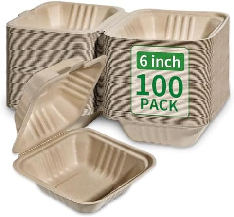 Compostable 100 Pack 6x6 Inch Disposable Square Small Lunch Box Takeout ...