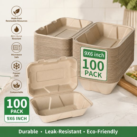 Compostable 100 Pack 9x6 Inch Takeout Lunch Box Containers with Lid, Eco-Friendly Biodegradable Bagasse Clamshell, Disposable Food Storage, PFAS-Free