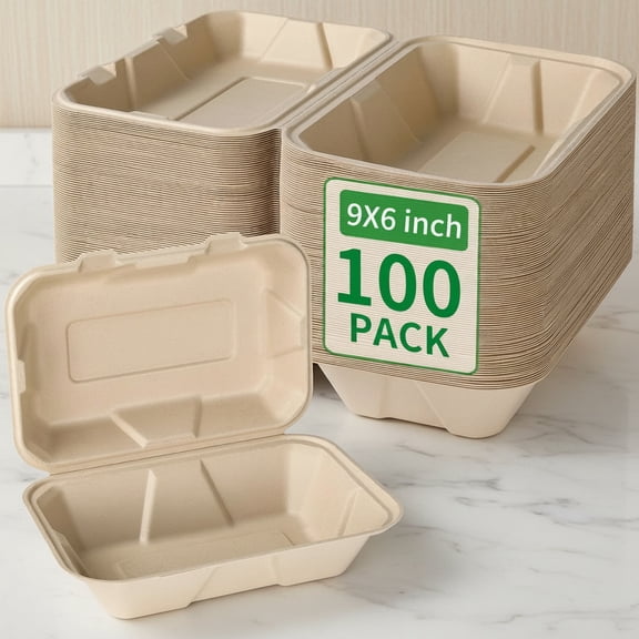 Compostable 100 Pack Takeout Lunch Box Containers with Lid To Go Take Out Clamshell for Food, Disposable Eco-Friendly Biodegradable Bagasse, PFAS-Free, Brown