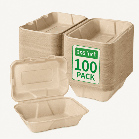 Compostable 100 Pack Takeout Lunch Box Containers with Lid To Go Take Out Clamshell for Food, Disposable Eco-Friendly Biodegradable Bagasse, Brown