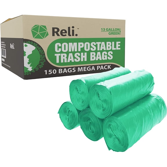 Compostable 13 Gallon Trash Bags | 150 Count Bulk | ASTM D6400 | Green | Eco-Friendly | For Compost