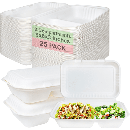 Compostable 2 Compartment Square Hinged Clamshell Take Out Food Containers 9x6x3 - Heavy Duty Quality Disposable to go Containers, Eco-Friendly , Bagasse Fiber Containers with Lids (25)