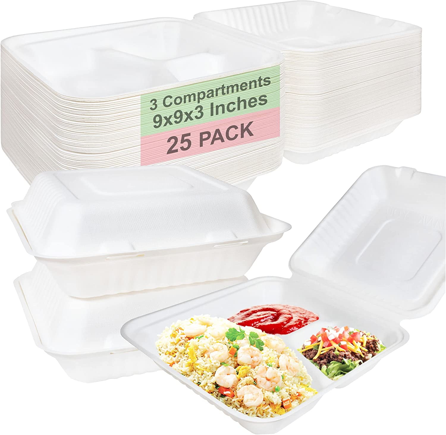 Compostable 3 Compartment Square Hinged Clamshell Take Out Food
