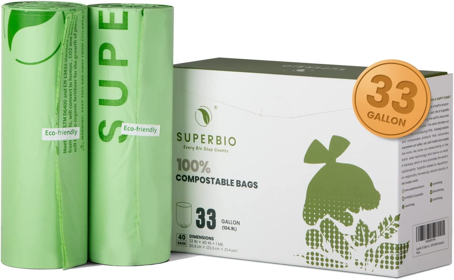 Compostable 33 Gallon Garbage Bags, Unscented Strong Large Trash Can