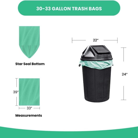 Compostable 33 Gallon Trash Bags | 80 Count Bulk | Green | Eco-Friendly | For Compost