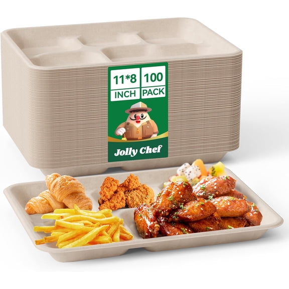 Compostable 5 Compartment 11 x 8 Inch Paper Plates 100 Pack Brown Heavy Duty Divided Eco Friendly Biodegradable Food Trays