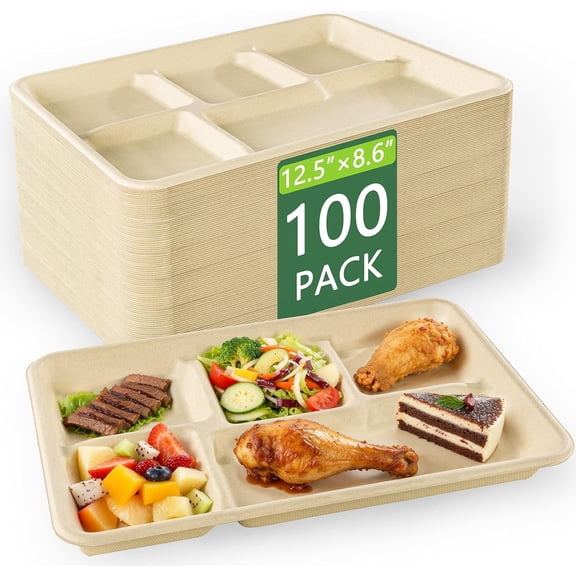 Compostable 5 Compartment Paper Plate 12.5 x 8.6 Inch Natural
