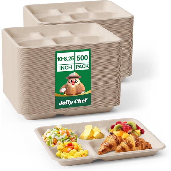 Compostable 5 Compartment Paper Plates 10 x 8.25 x 1 Inch 500 Pack Brown