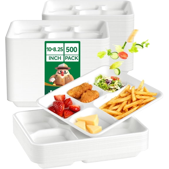 Compostable 5 Compartment Paper Plates 10 x 8.25 x 1 Inch 500 Pack White