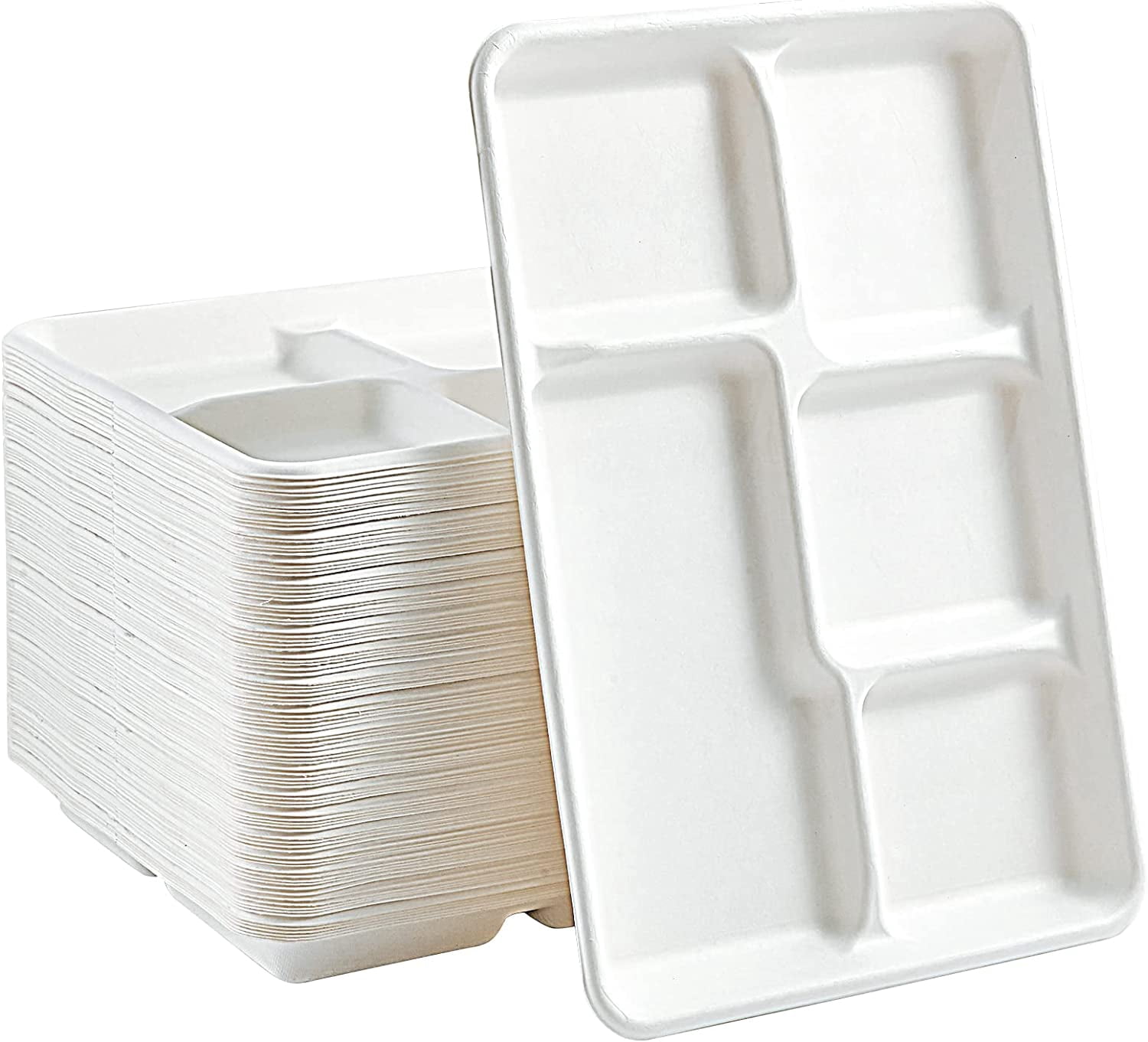 Paper Plates Disposable Rectangular Compostable 5 Compartment Paper Plates, 100 Pack, 12.5 x 8.6 inch ...