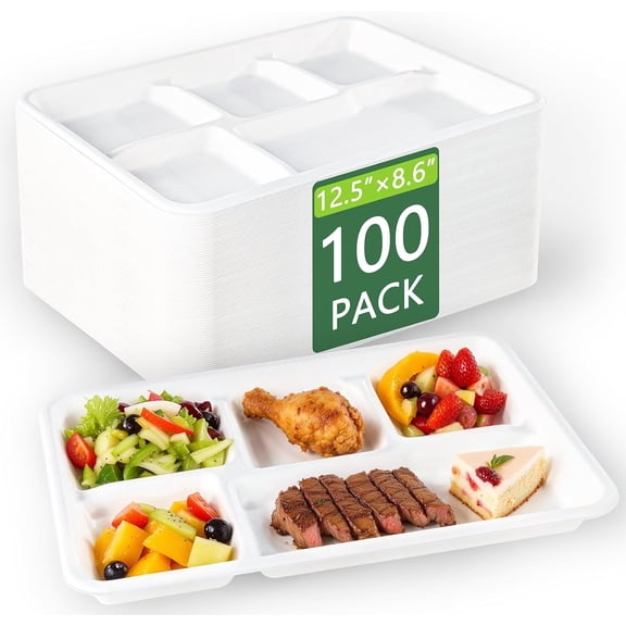 Compostable 5 Compartment Paper Plates 12.5 x 8.6 Inch Medium White