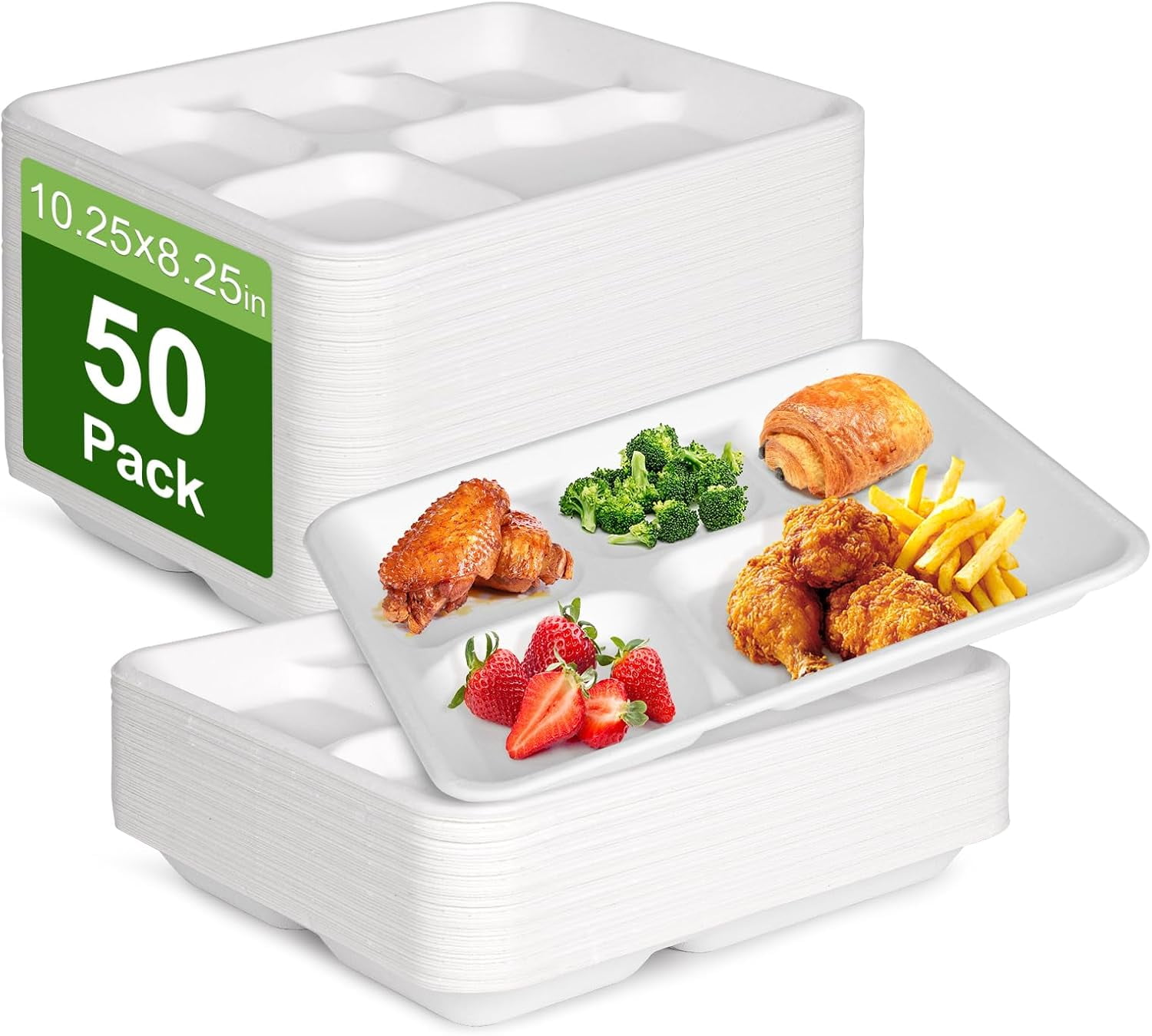 Compostable 5 Compartment Plates Disposable, 10.25 x 8.25 inch, [50-Pack] Heavy Duty Paper Plates with dividers, Sturdy School Lunch Trays, White Paper Dinner Plates for Kids Buffet Party