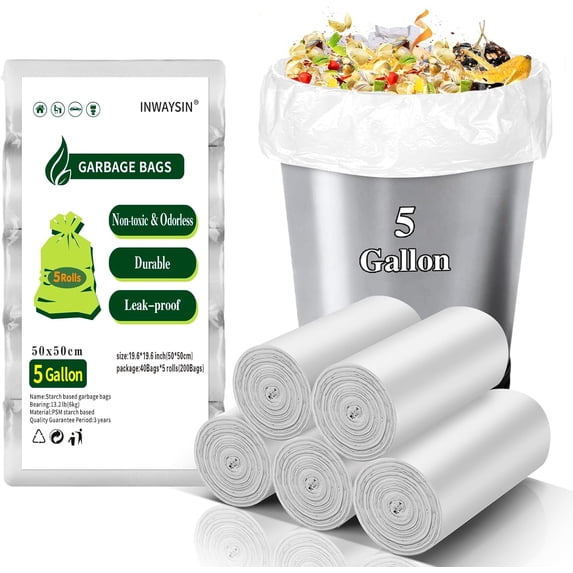 Compostable 5 Gallon Trash Bags, Biodegradable Small Garbage Bags, Unscented Thickened & Strong Waste Basket Liners for Bathroom, Kitchen, Office, 5 Rolls, 200 Count