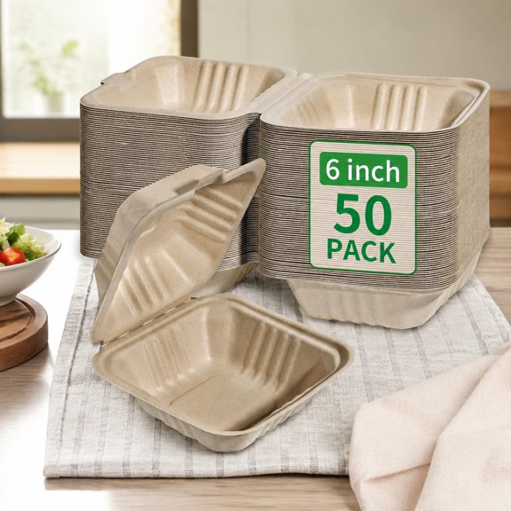 Compostable 50 Pack 6x6 Inch Disposable Square Small Lunch Boxes with Lids, Eco-Friendly Biodegradable Bagasse Clamshell Containers for Food, PFAS-Free, Unbleached Brown