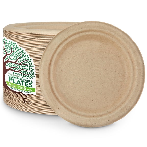 Compostable 6 Inch Paper Plate - 100 Pack - Natural Disposable Bagasse Plate - Eco-Friendly Plate Made of Sugarcane Fiber - 6 Inch Biodegradable Plate