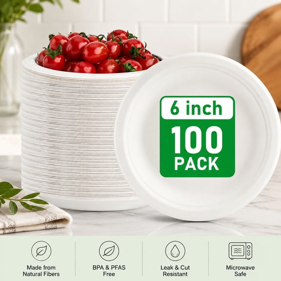 Compostable 6 Inch Small Paper Plates, 100 Pack, Heavy Duty Dessert Plates, Biodegradable & Eco-Friendly Sugarcane Fiber, Unbleached White, Disposable