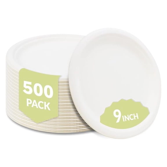 Compostable 9" Sugarcane Plates (500-Pack) Disposable Eco-Friendly Biodegradable Sugarcane Bagasse Plate, Round, 9 Inch, 500 Count