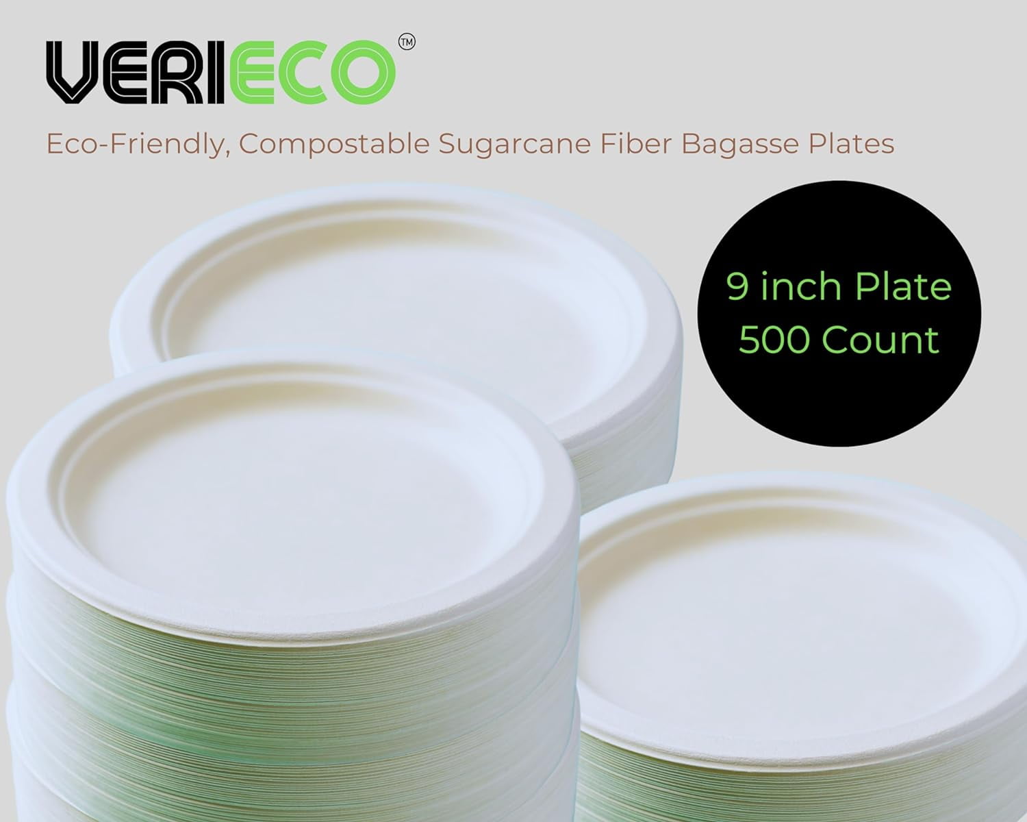 Compostable 9 inch Heavy duty Bagasse Disposable Plates. (Box of 500 Count ) Made with Plant