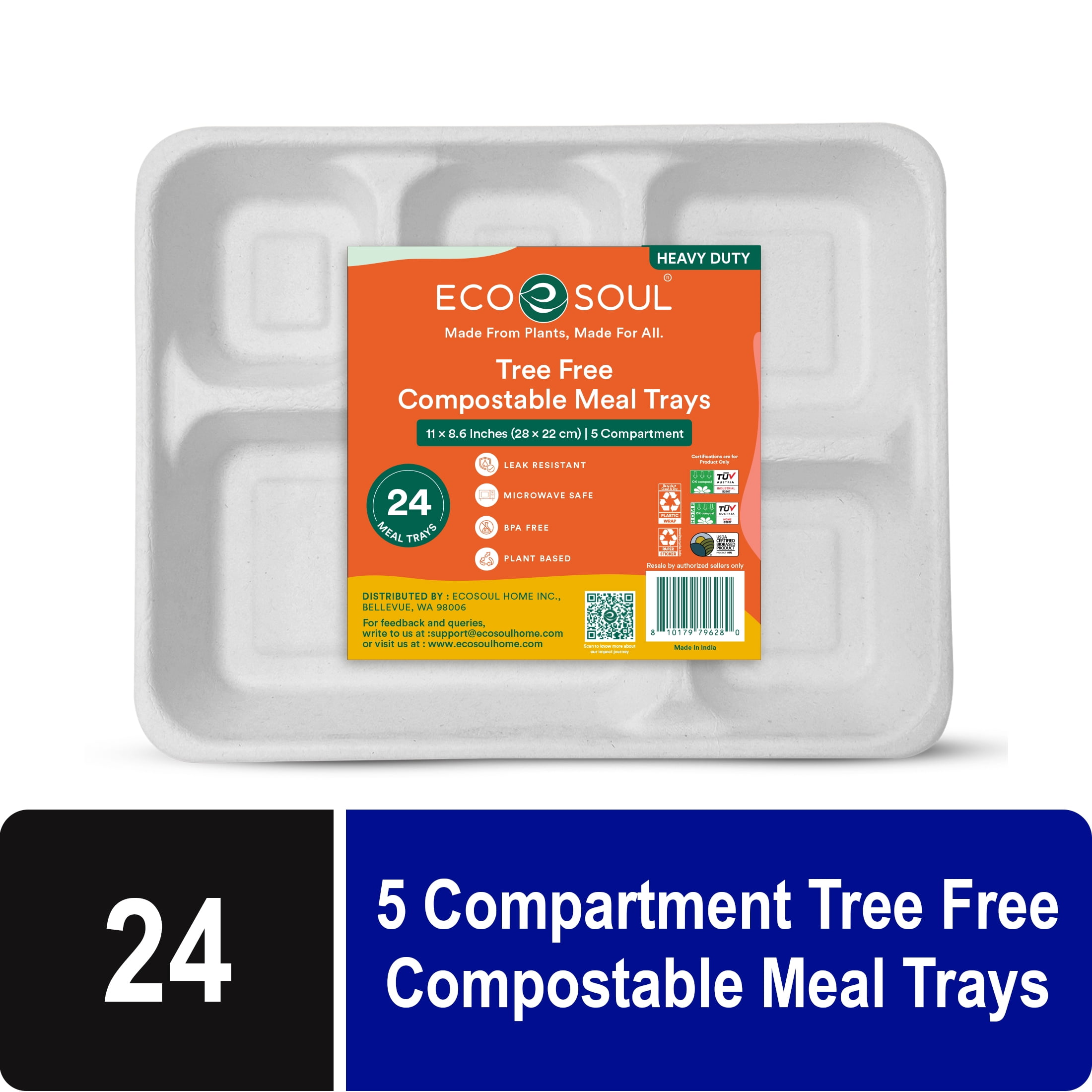 Compostable Bagasse - 5 Compartment Meal Tray 28 × 22 cm (11” x 8.6”), 24 Count