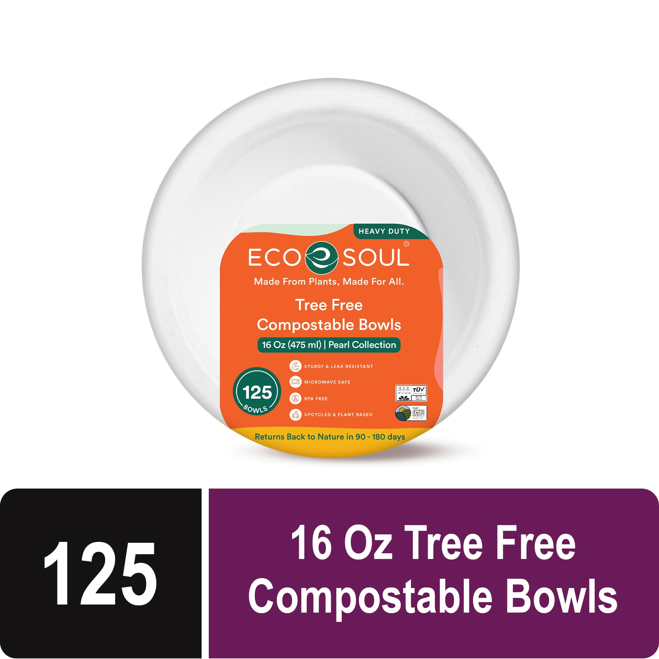 EcoSoul Compostable Bowls, 16 oz Pearl White Sugarcane Bagasse Bowls, Heavy-Duty Disposable Bowls for Soup, Salad and Snacks, Microwave-Safe, 125 Count