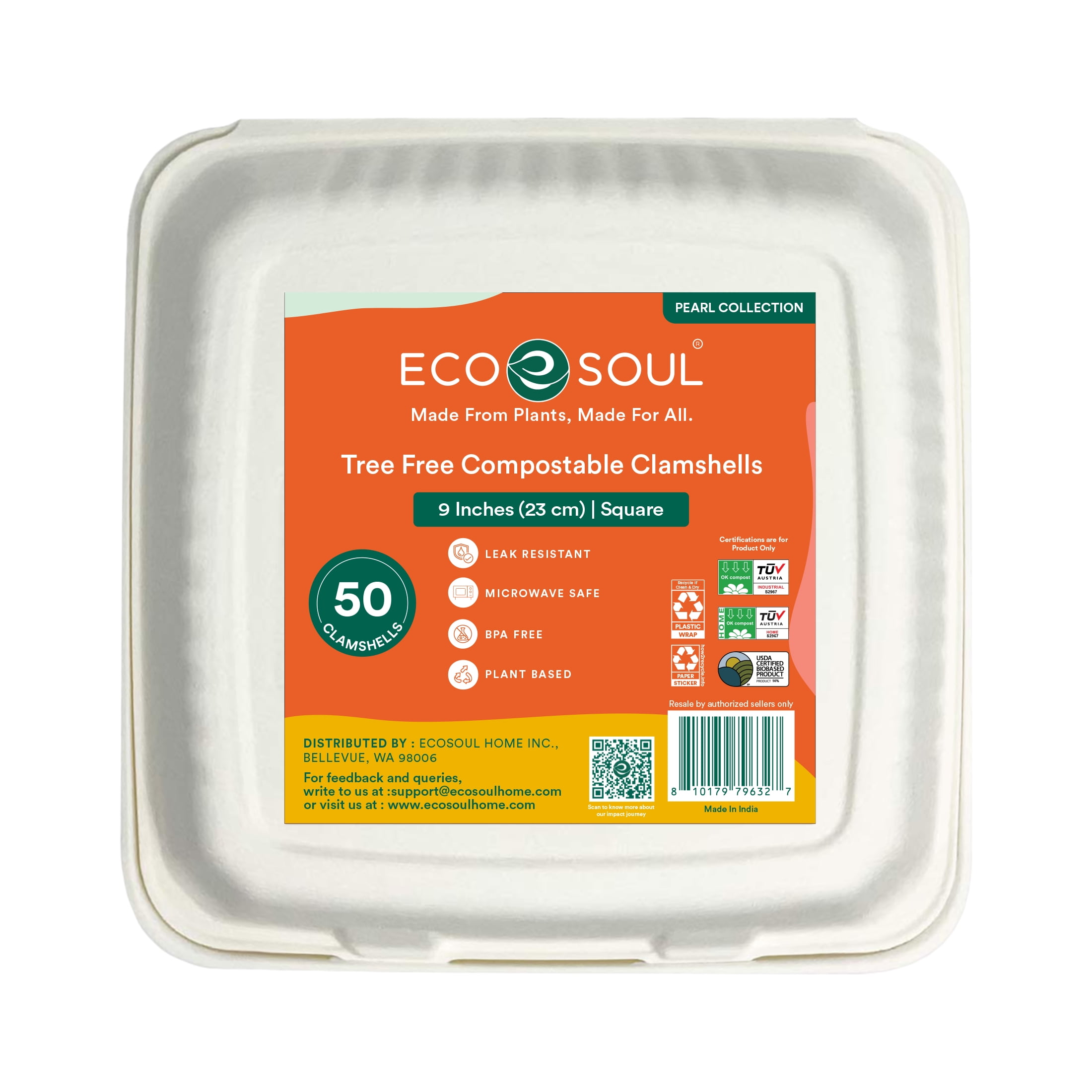 Eco-Friendly Compostable Bagasse Clamshell Containers - 9 x 9 Inches, 50 Count
