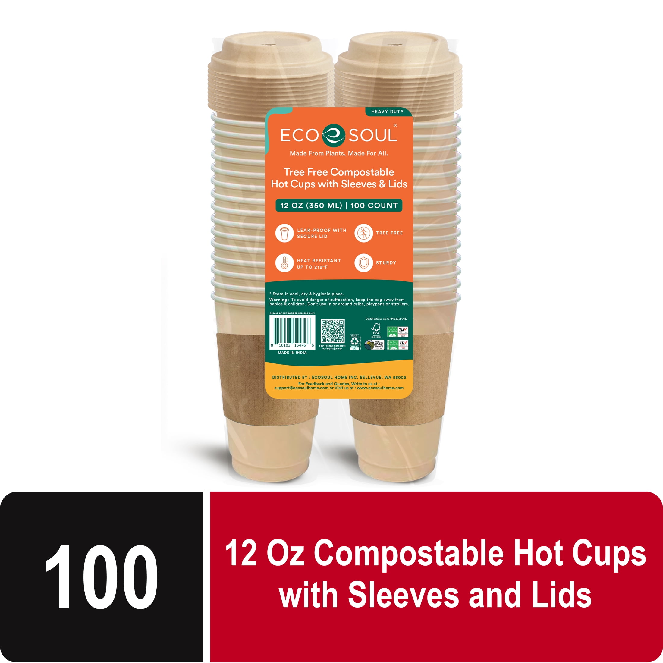 12oz Compostable Bagasse Hot Cups with Sleeves and Lids - 100 Count