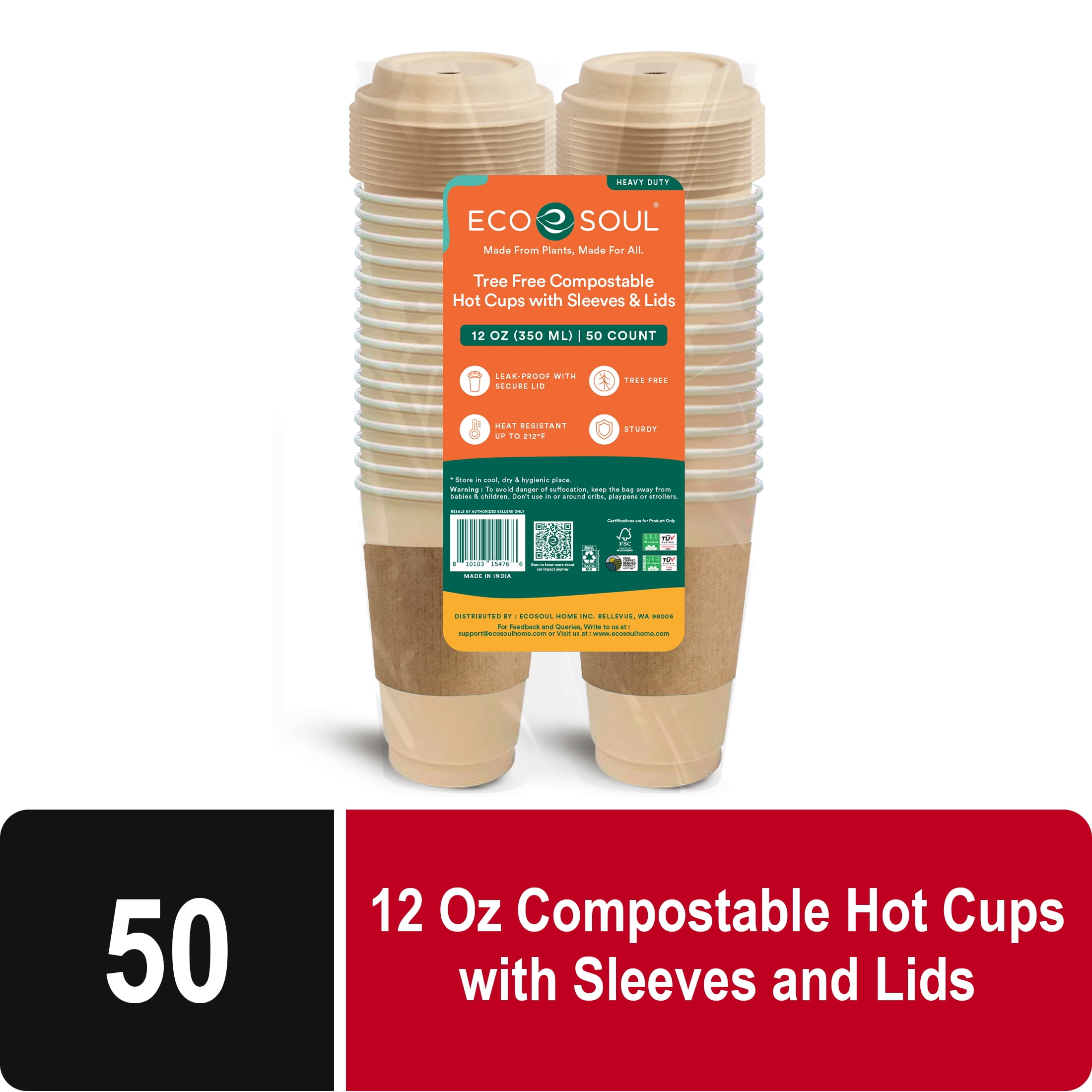 Compostable 12oz Bagasse Hot Cups with Compostable Sleeves and Lids, 50 Count
