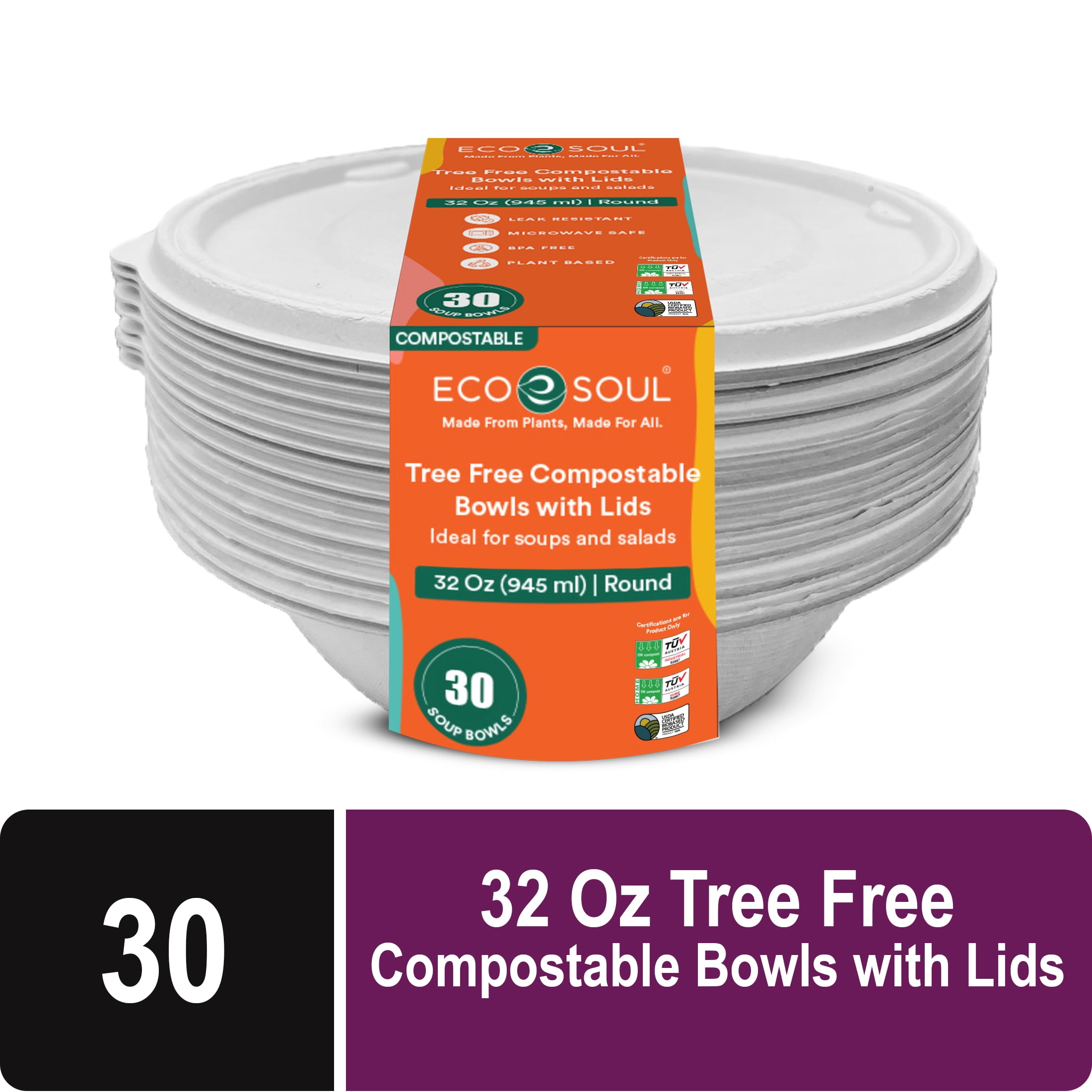GreenEarth Eco-Friendly 32 oz Compostable Bagasse Soup Bowls with Lids - 30 Count
