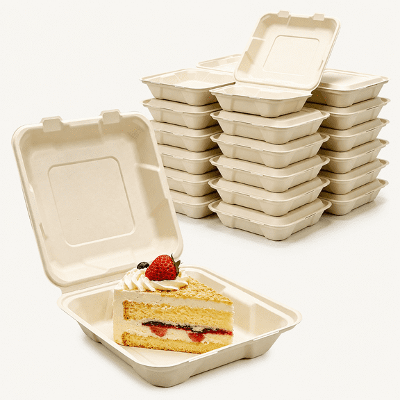Compostable Clamshell Takeout Food Containers Sandwich Boxes | Heavy Duty Bamboo To Go Containers with Lids, Biodegradable Food Boxes for Burgers Sandwiches Cake, Microwave Freezer Safe