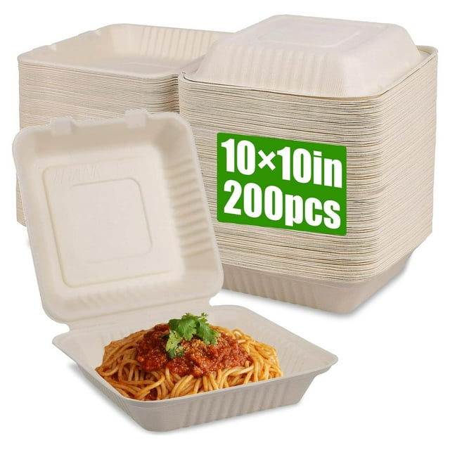 Compostable Clamshell To Go Food Containers with lids 10"x10"x3", 200 Pack Disposable Take Out