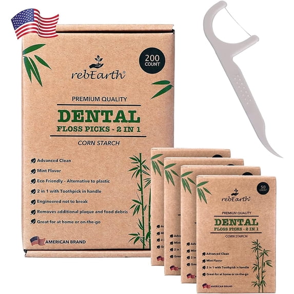 Compostable Dental Floss Picks 200 pack - Plant-based dental floss picks with tongue scraper mint flavor - Adult 2-in-1 natural dental floss and toothpicks biodegradable oral care