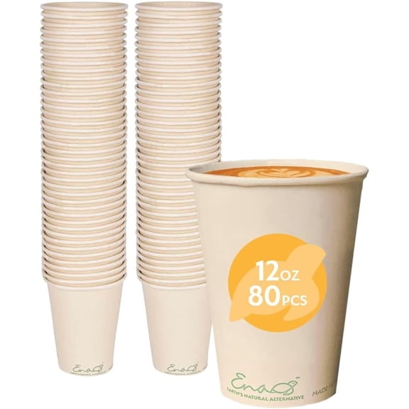 Compostable Disposable Coffee Cups [12oz 80 Pack] Paper Cups Made from , , Biodegradable  Party Cups,  Unbleached by