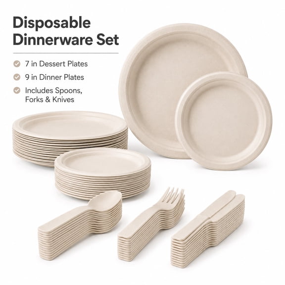 Compostable Disposable Dinnerware Set, Plant-Based Plates and Cutlery for Parties, Weddings, Picnics, BBQ, Catering, Camping and Everyday Meals