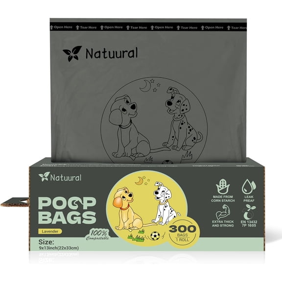 Compostable Dog Poop Bags-300 Bags 1Rolls, Poop Bags for Dogs Made of Cornstarch, Lavender Scented, Ideal for Backyard Pickups