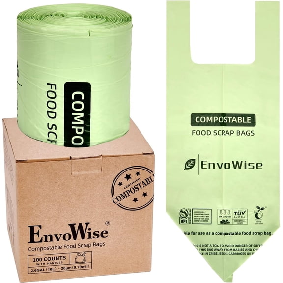Compostable Food Scrap Bags, 2.6 Gallon, 100 Count, with Handles | Small Compost Bags for Countertop Compost Bin | 9.8L Premium Thick BPI & OK Compost Industrial Certified Compostable Bags