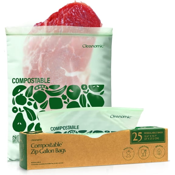 Compostable* Gallon Size Food Storage Bags (25 Eco Zip) Freezer and Leak Proof, Also Available Quart, Snack and Sandwich Bags