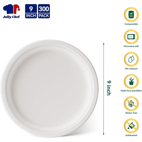 Compostable Heavy Duty 9 Inch Round Plates [300 Pack] Made from Sugarcane Fibers