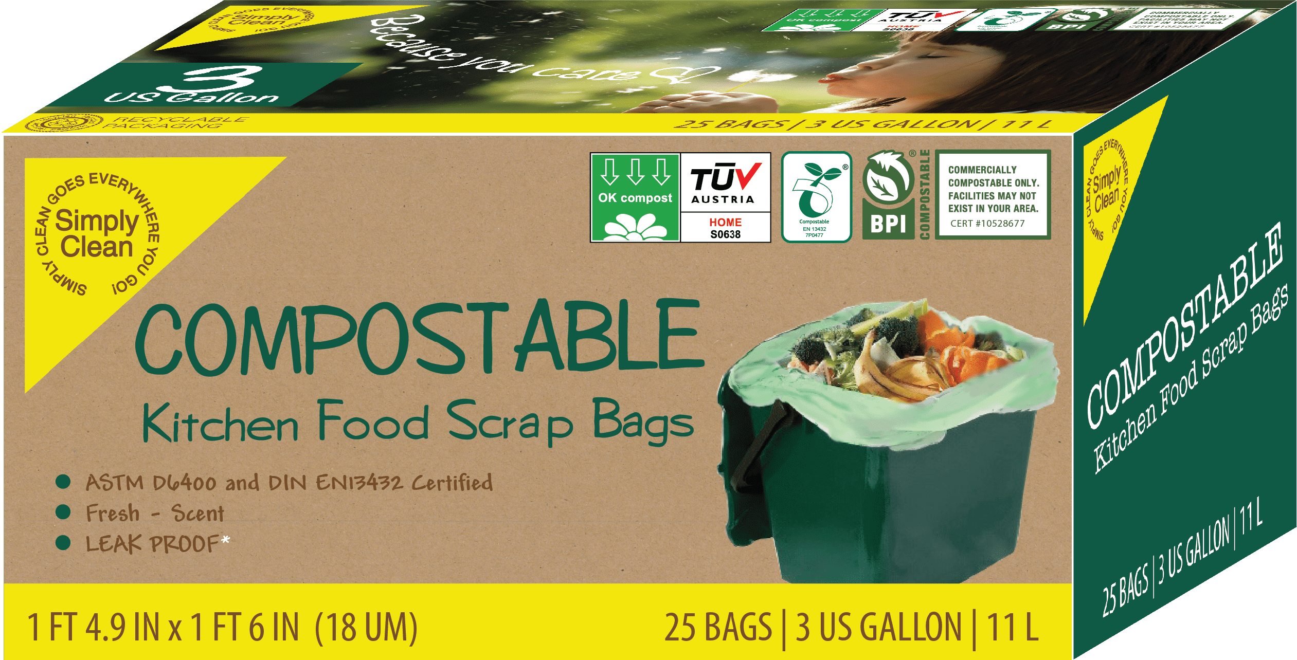 Simply Bio 3 gal. Compostable Trash Bags with Handle, Eco-Friendly, Heavy-Duty, 0.67 mil, 80-Count