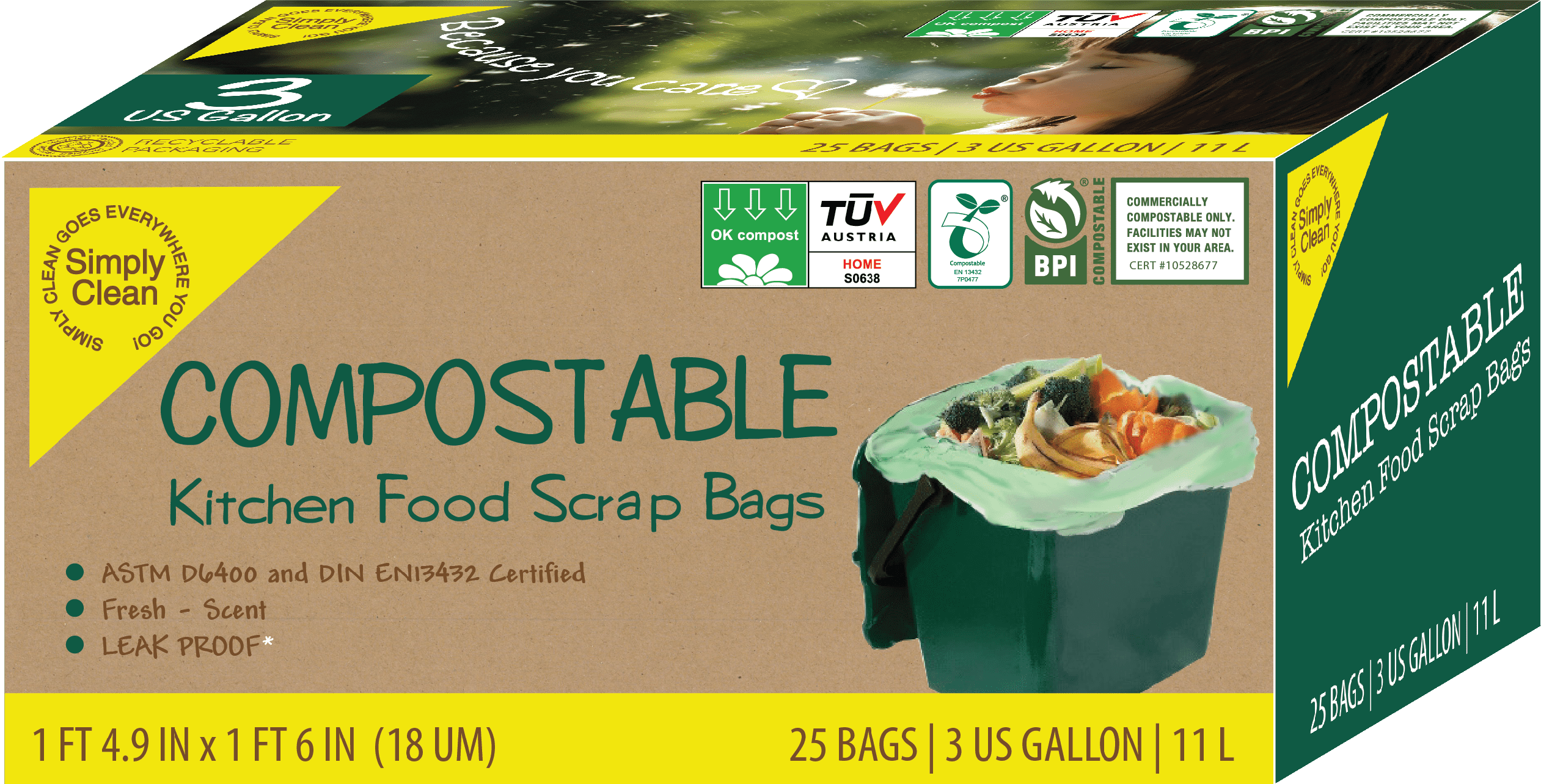 Compostable Kitchen Food Scrap Bags, 3 Gallon, 25ct.