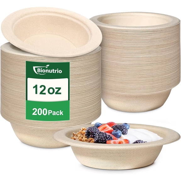 Compostable Paper Bowls 12 oz, 200 Pack Bowls Disposable Heavy Duty, Microwavable Eco-Friendly Biodegradable Bowl for Snacks, Milk, Cereals, Soup, Natural Brown