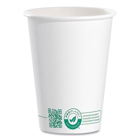 Compostable Paper Hot Cups, ProPlanet Seal, 12 oz, White/Green, 1,000/Carton