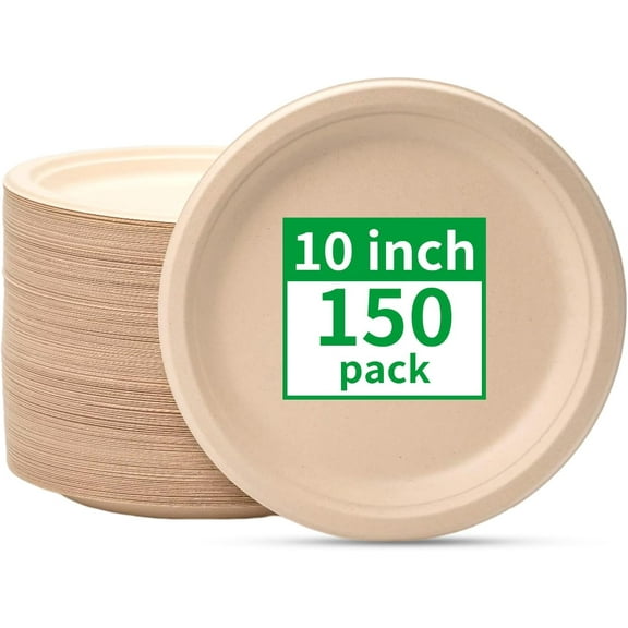 Compostable 10 Inch Round Paper Plates, Unbleached Brown, Heavy Duty, Biodegradable, 150 Count
