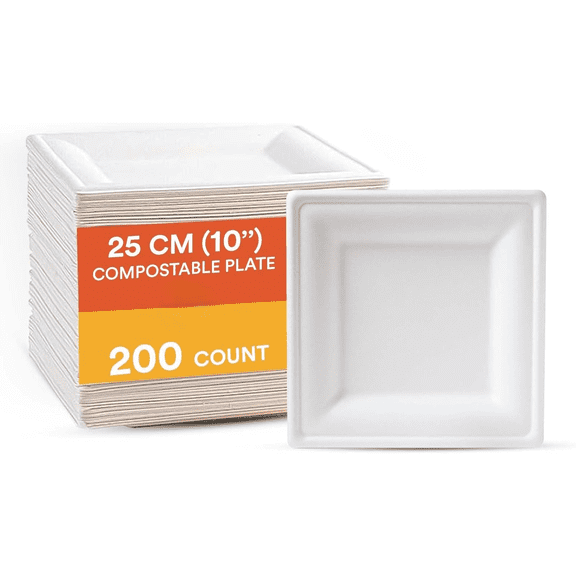 Compostable Paper Plates 10 Inch (200 Count) Heavy Duty Disposable Dessert Plates, Eco-Friendly Sugarcane Bagasse Small Plates For Appetizer- White