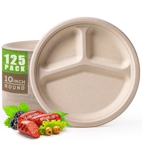 Compostable Paper Plates 10 Inch Heavy-Duty Plates 125 Pack Disposable Divided Plates Eco-Friendly Recycled Plates Compartment, Made of Natural Sugarcane Fibers