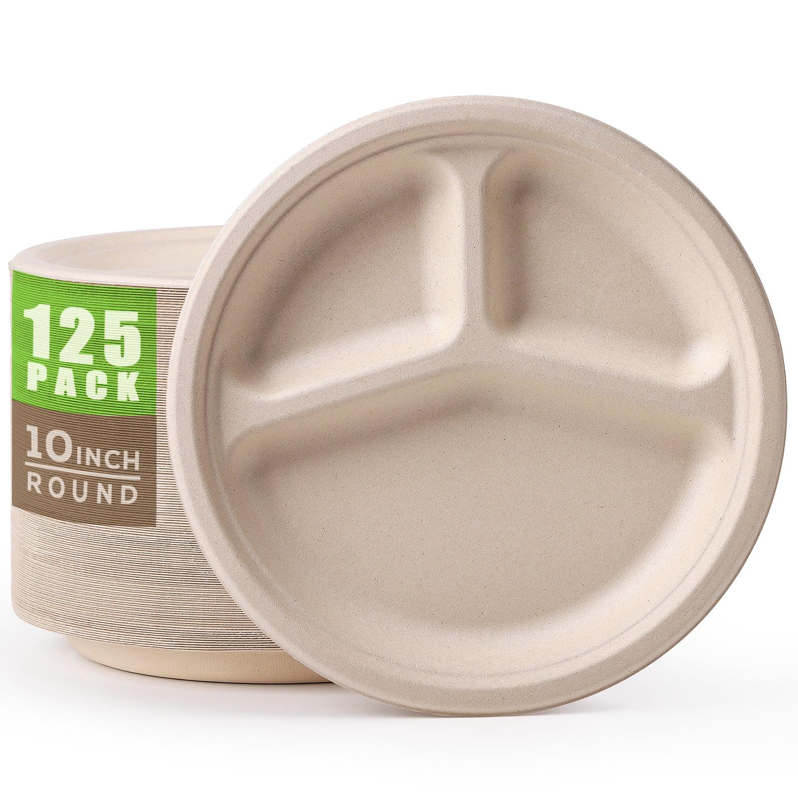 Compostable Paper Plates 10 Inch Heavy-Duty Plates 125 Pack Disposable Divided Plates Eco-Friendly Recycled Plates Compartment, Made of Natural Sugarcane Fibers