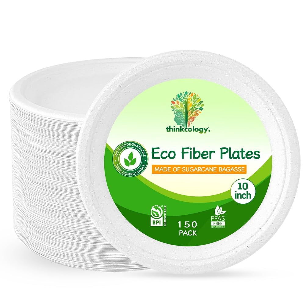 CIAO! 10 Heavy Duty Compostable Plates - PFAS Free, Unbleached Bagasse Disposable Plates (Pack Of 500)