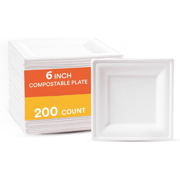 Compostable Paper Plates 6 Inch (200 Count) Heavy Duty Disposable Dessert Plates, Eco-Friendly Sugarcane Bagasse Small Plates For Appetizer- White